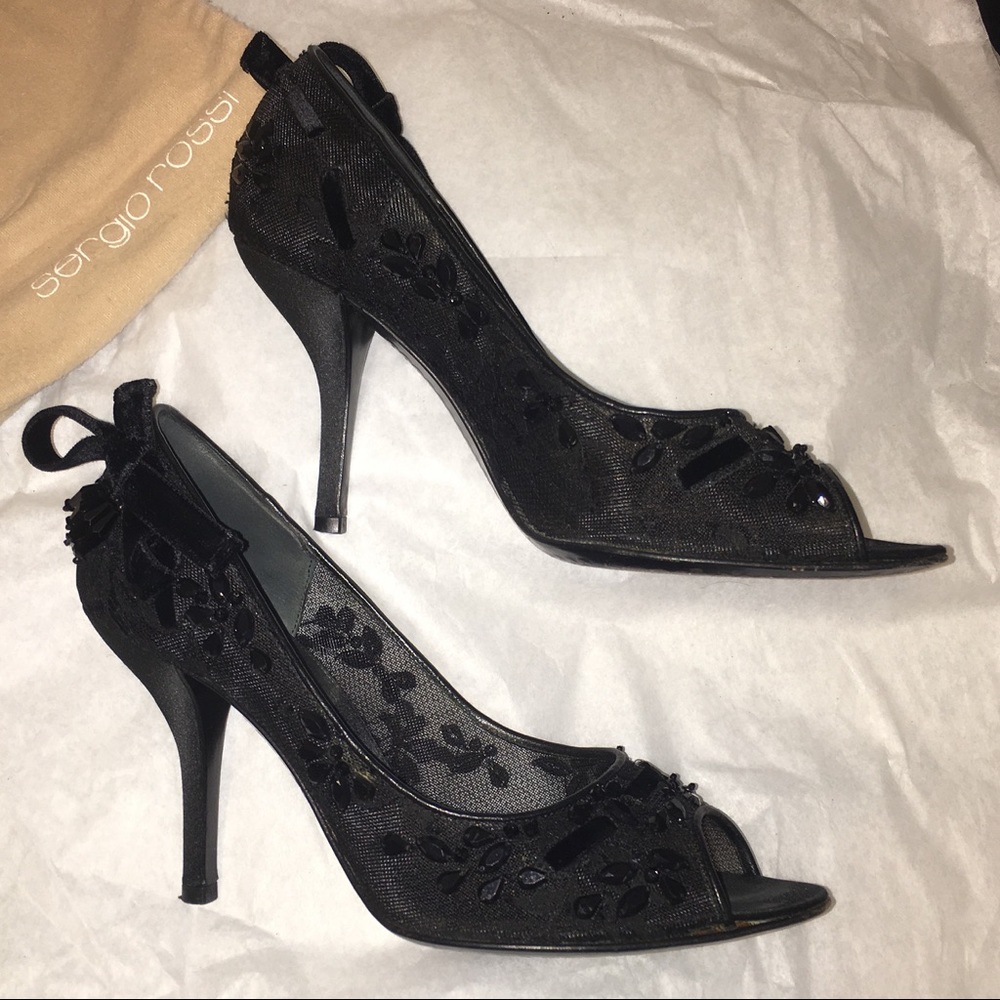 SERGIO ROSSI BLACK PEEP-TOE SHOES SIZE 37 - Picture 3 of 8